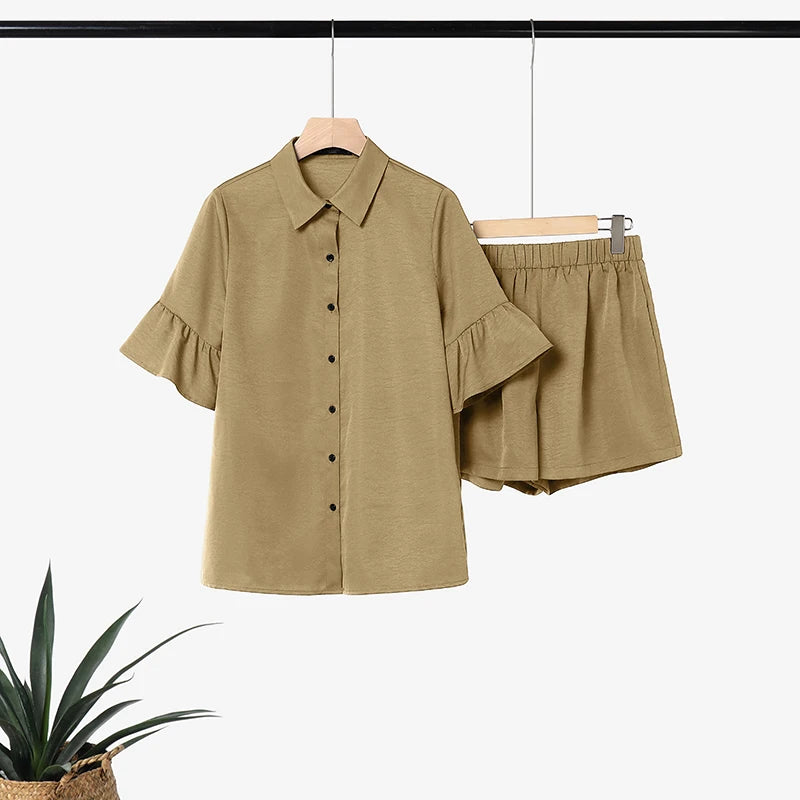ZANZEA Fashion Women Lapel Neck Half Sleeve Shirt Shorts Sets Summer 2 Pieces Sets Casual Holiday Tracksuit Solid Work Outfits