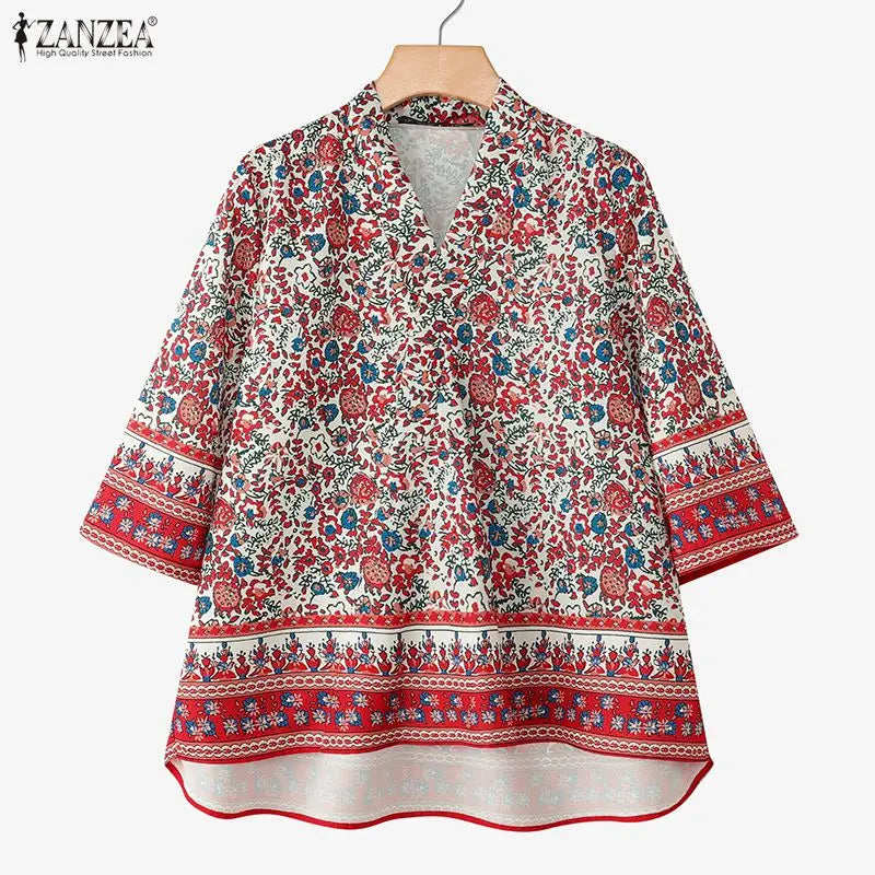 ZANZEA Woman Bohemian Floral Print Blouses V-Neck 3/4 Sleeve High Low Kimono Tops 2026 Summer Casual Loose Vacation Blusas Mujer