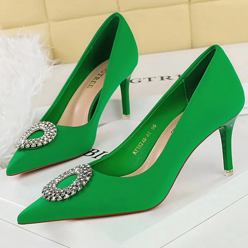 BIGTREE Shoes Women 7.5 cm Heels Rhinestone Round Buckle Women Pumps Silks Satins High Heels Sexy Party Shoes Large Size 34-43