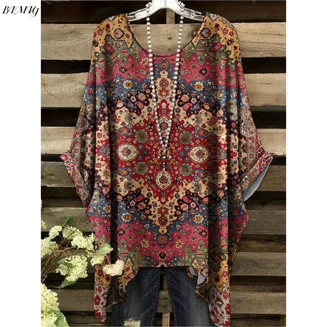Bohemian Floral Tunic Plus Size Women's Bohemian Floral Print Tunic T-Shirt Short Sleeve Round Neck Casual Top Vibrant 2025