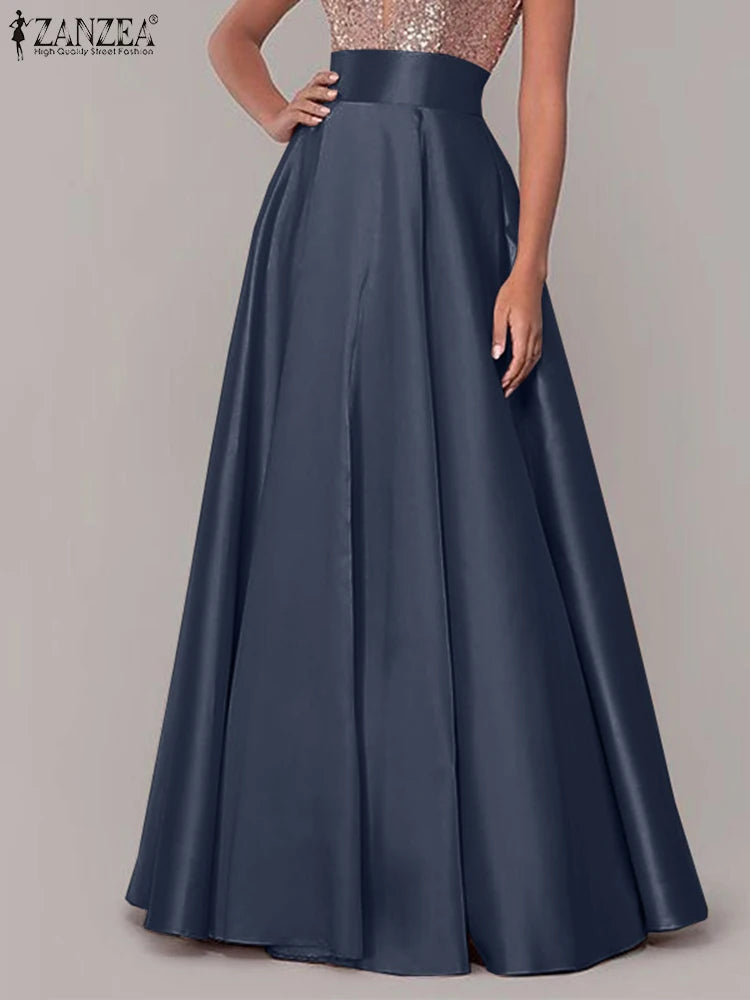2026 ZANZEA Fashion Satin Party Skirts Elegant High Waist Jupe Maxi Vestidos Women Sundress Female A-line Faldas Saia Oversize