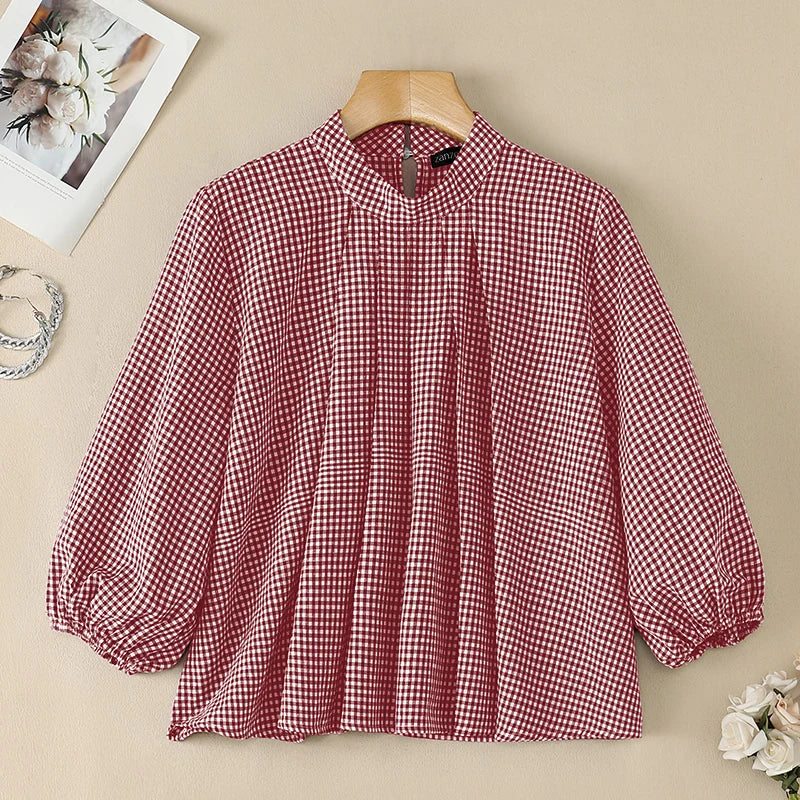 ZANZEA Vintage Gingham Pleated Blouses Woman Mock Neck 3/4 Lantern Sleeves Loose Tops 2026 Autumn Casual Daily Wear Blusas Mujer