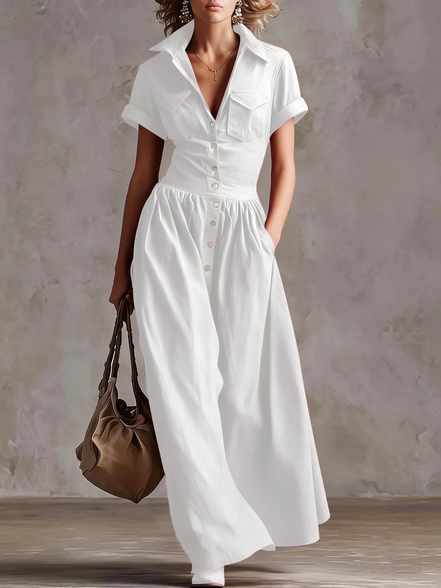 Women's Western Solid Color Woven Button-Down Collar Short Sleeve Long Dress