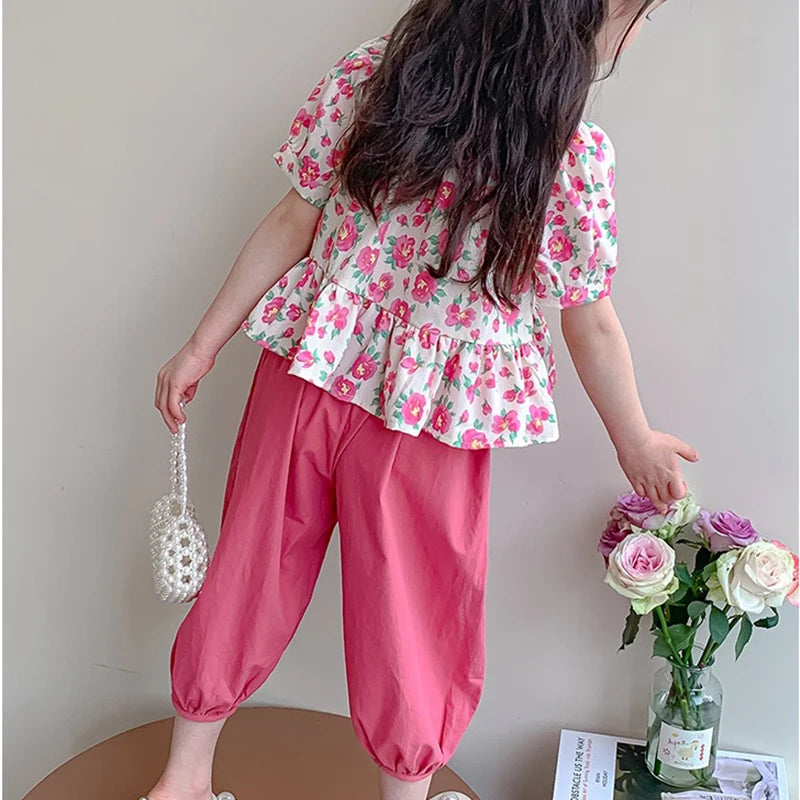 1Sets Girls Floral Print Set Kids Summer Short Sleeve Tops And Long Pants Suit Baby Fashion Costume Cute Children Leisure Sets