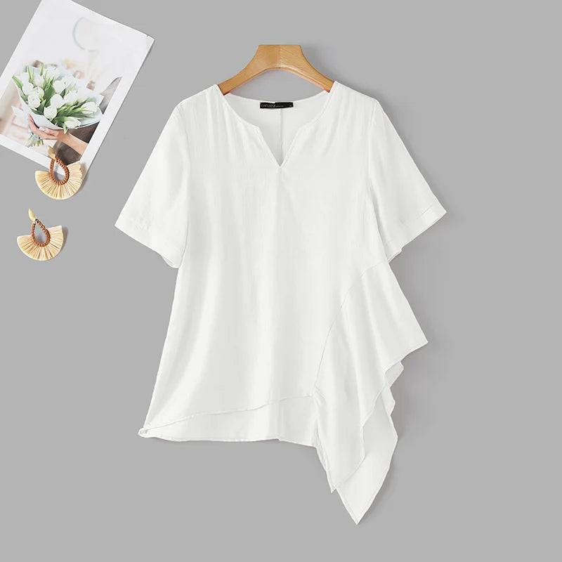 ZANZEA 2026 Woman Crinkled Fabric Asymmetrical Hem Blouses V-Neck Short Sleeve Solid Tops Summer Casual Daily Wear Blusas Mujer