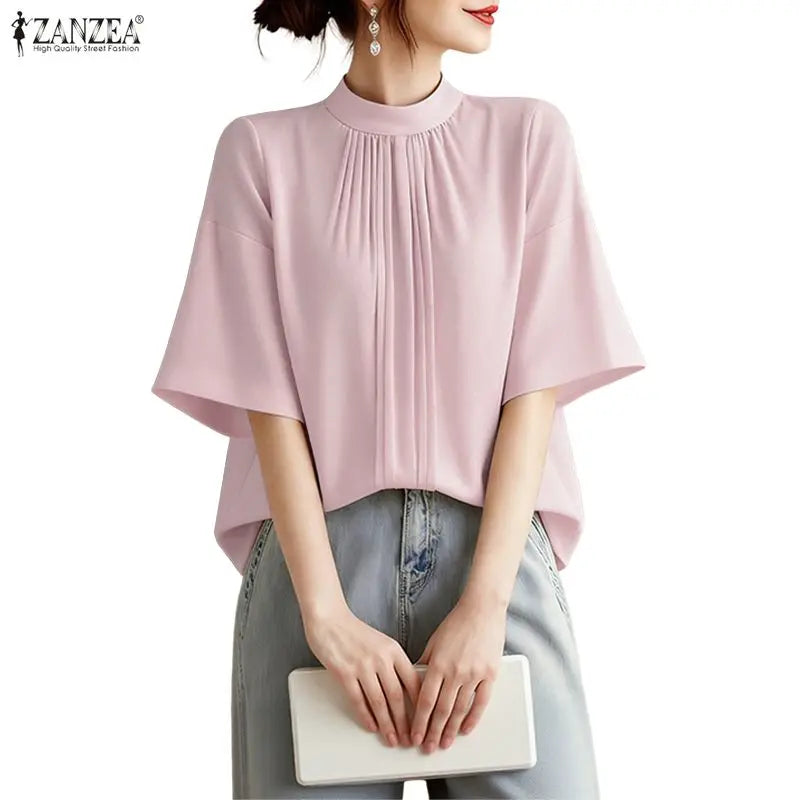 ZANZEA Elegant Loose Blouses Women's Stand Collar Half Sleeves Pleated Tops Summer Daily Casual Solid Color Blusas de Mujer