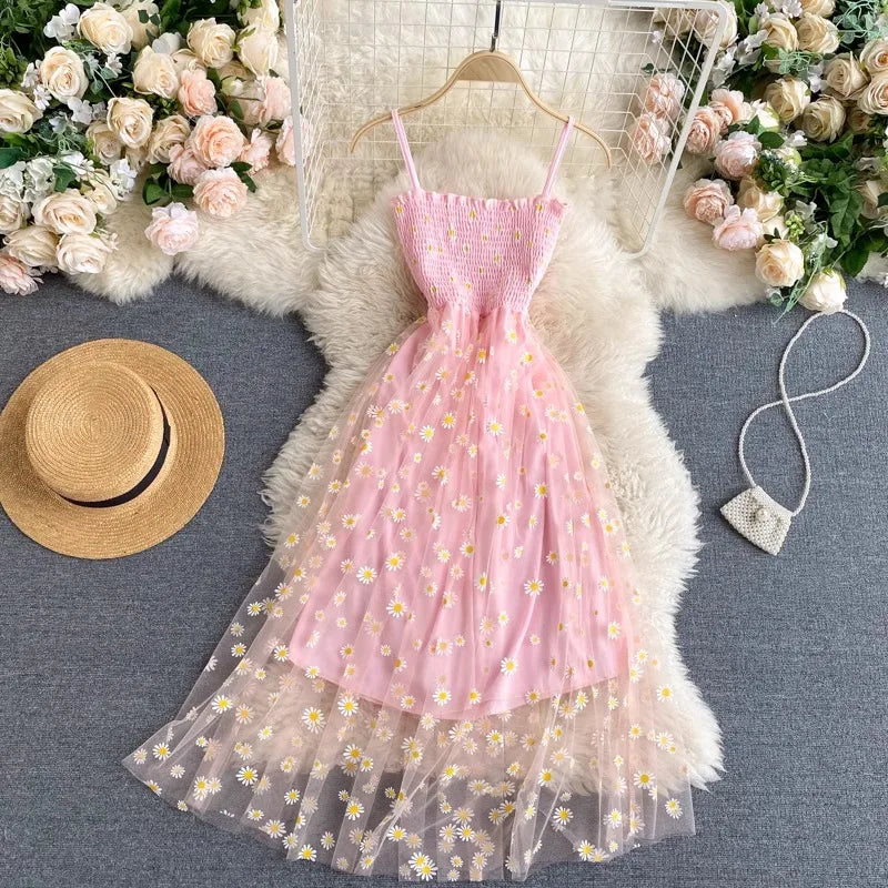Women Dress 2026 New Summer Fashion Fairy Mesh Party Dress Korean Pop Floral Print Vacation Beach Dress Streetwear Sundress