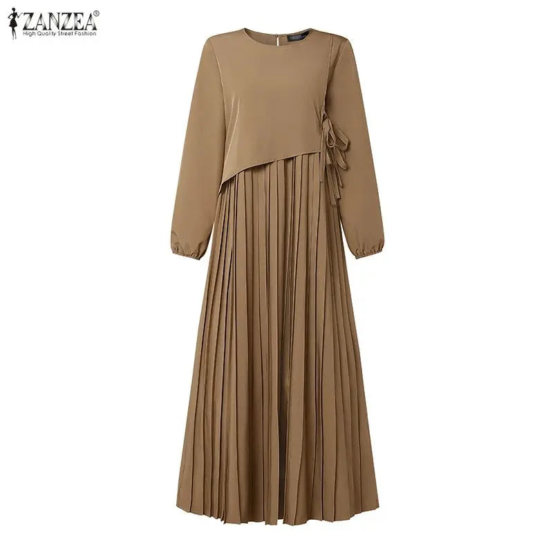 ZANZEA Elegant Muslim Abaya Dress Women O Neck Long Sleeve Pleated Sundress Solid Color Loose Maxi Long Dress Eid Ramadan Robe
