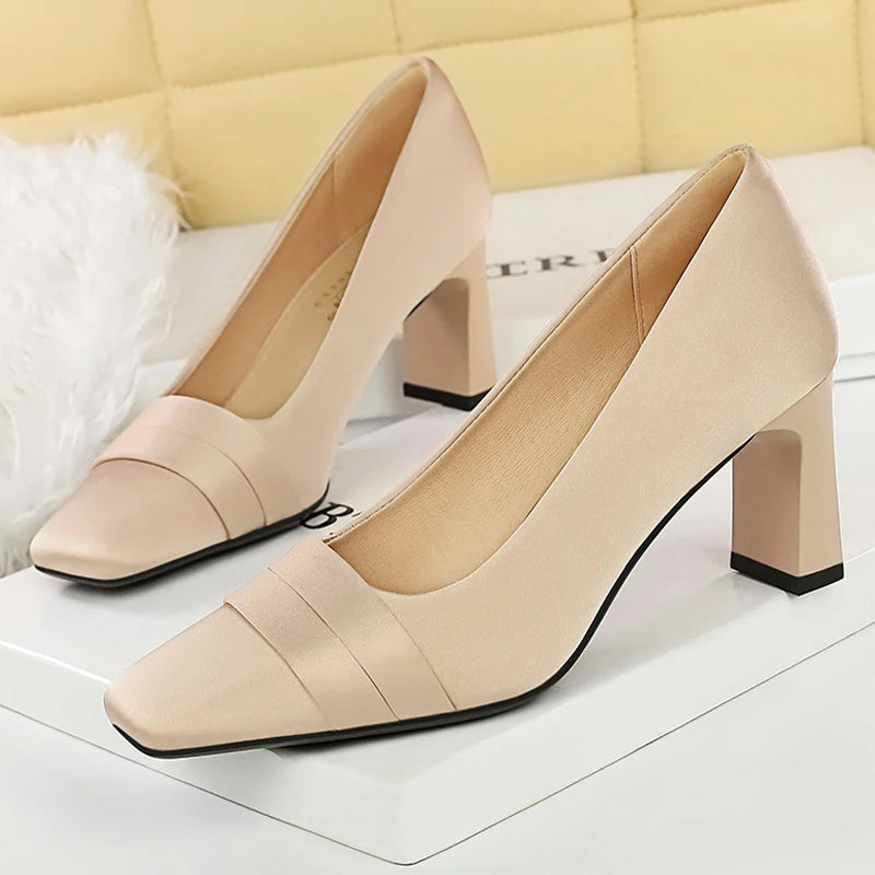BIGTREE Shoes Square Head Women Pumps Silks Satins High Heels Banquet Dress With Bridesmaid Shoes Chunky Heel Ladies Shoes New