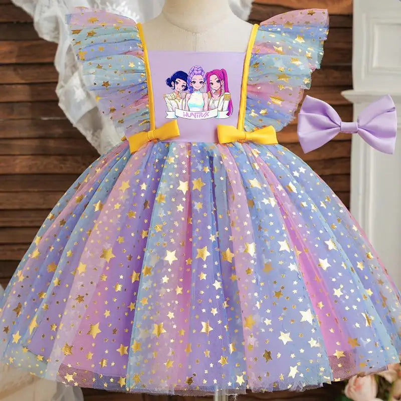 K-Pop Hunters Zoey Rumi Princess Dress for Girls Sequined Star Ruffle Bow Tutu Baby Formal Gala Prom Gown Kids Party Costume