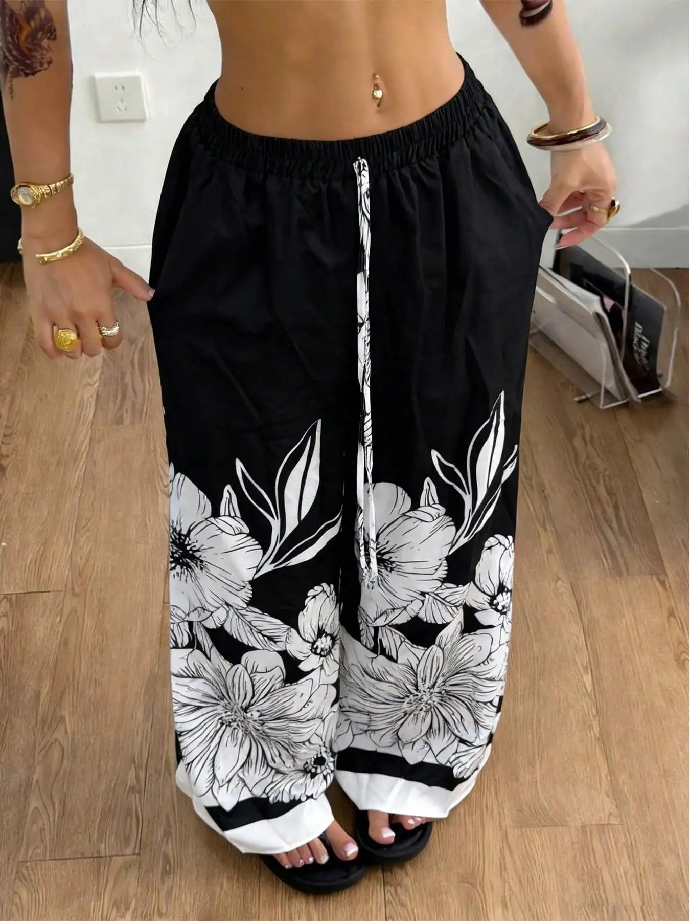 Large-Sized Printed Pants, Casual Tie Waist Wide-Leg Pants, Spring and Summer, Large-Sized Women's Clothing