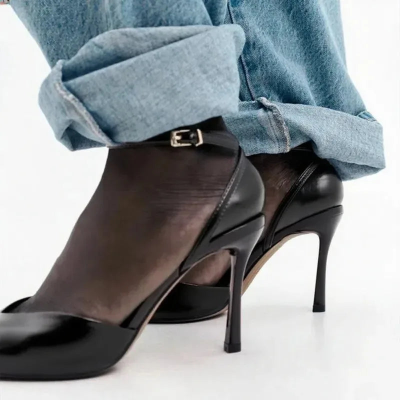 Cozy Black Soft Leather Peep Toe High Heel Sandals Women Fashion Ankle Buckle Designer Shoes Elegant Banquet Brand Dress Shoes