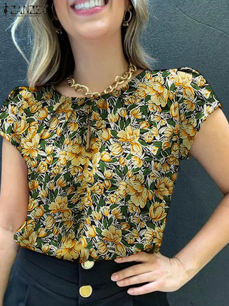 ZANZEA Bohemian Floral Printed Blouse Summer Casual Pleated Design Tops Woman Elegant Short Sleeve Shirt Female Holiday Blusas