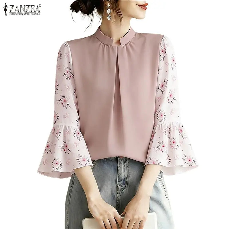 ZANZEA Summer Woman Elegant Blouses Vintage Stand Collar Floral Printed 3/4 Sleeve Pleated Tops Loose Casual Blusas de Mujer