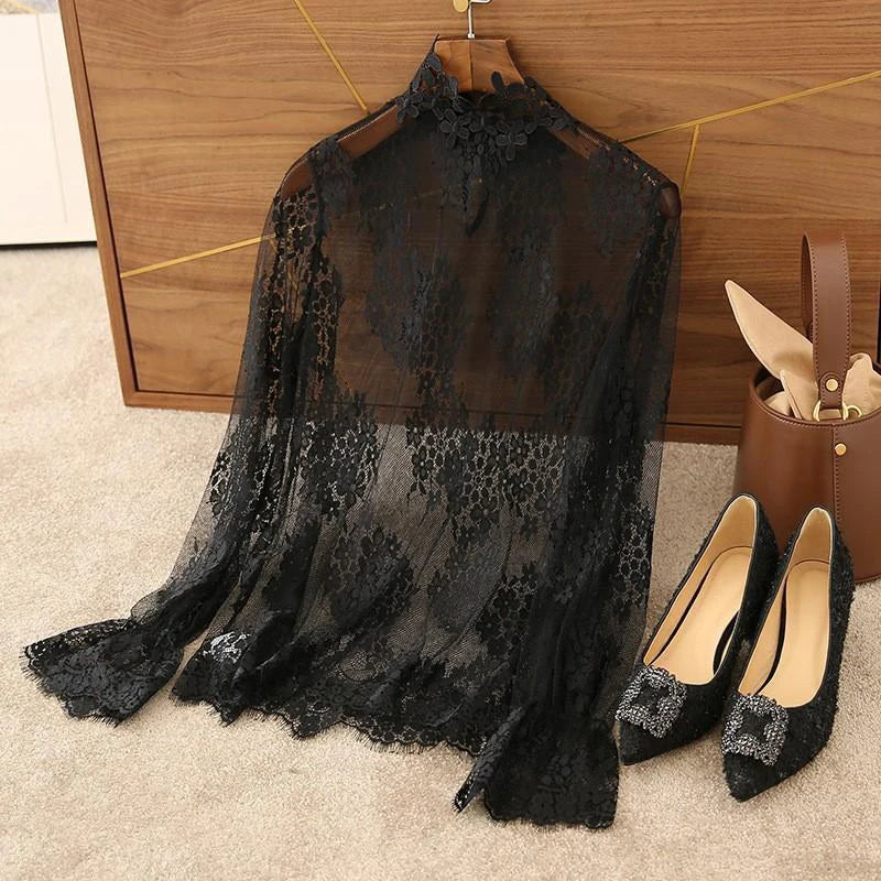 Women Elegant Perspective Lace Blouse Sexy Long Flare Sleeve High Collar Inner Wear Base Tunic Top Casual Mesh Bottom Shirts