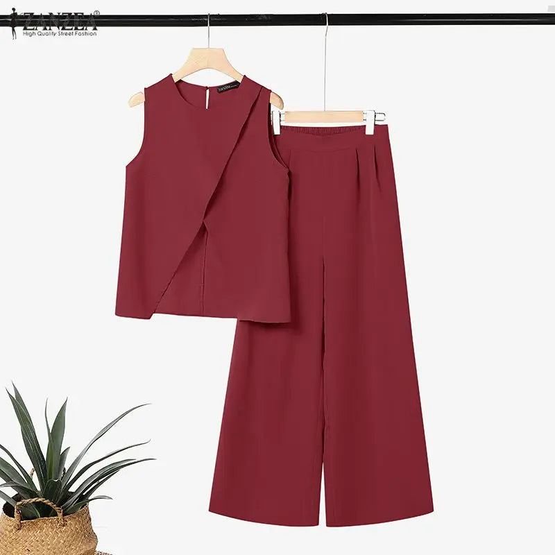 ZANZEA Summer Women Pant Sets Solid Color Sleeveless Tops Wide Leg Pants Fashion 2PCS Two-piece Outfits OL Party Streetwear