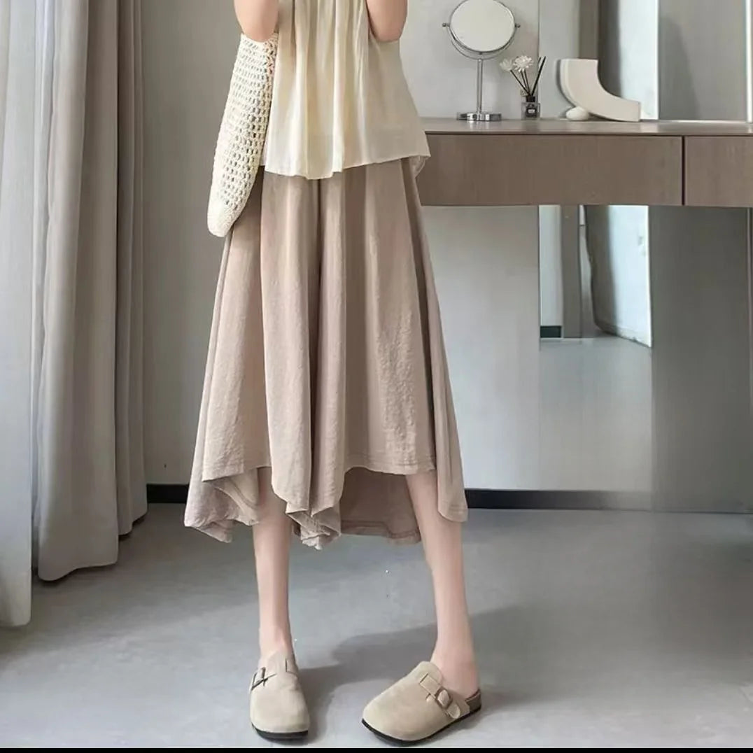 Summer New Style Thin Loose Wide Leg Seven-Quarter Skirt for plus Size Women Casual High Waist Pants Skirt Asymmetrical