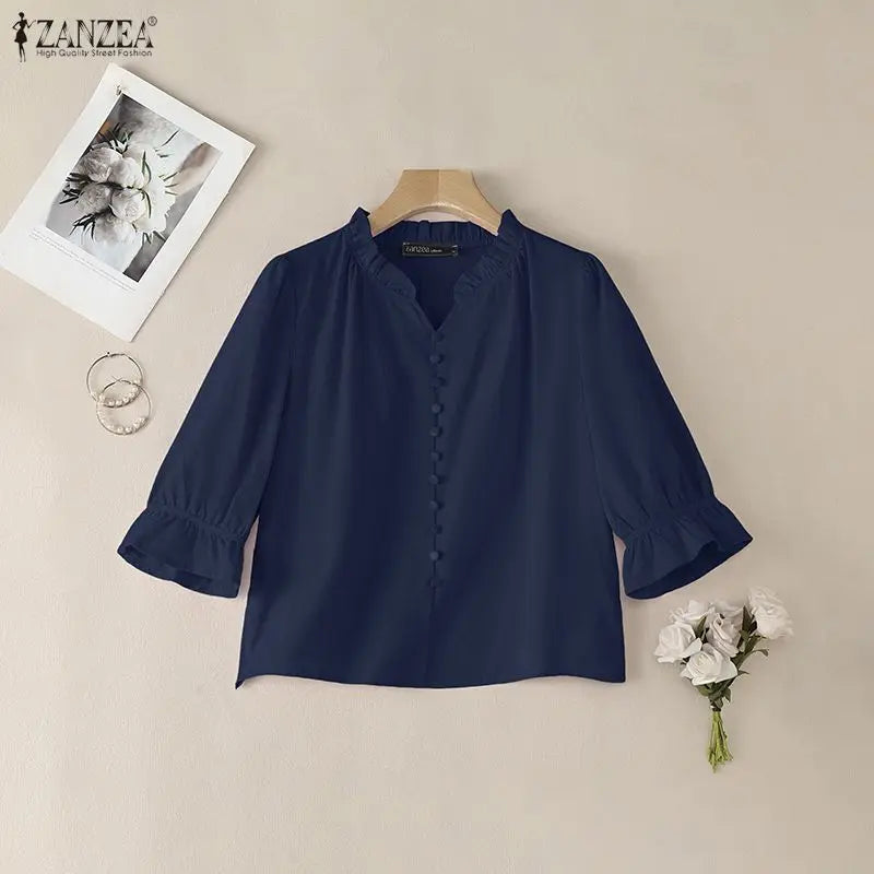 ZANZEA 2026 Women Cotton Linen Breathable Blouses Ruffled Trim V-Neck 3/4 Sleeve Thin Tops Summer Casual Solid Color Blusa Mujer