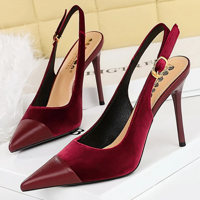 BIGTREE Shoes Suede Women Pumps Splicing Pointed Tip High Heels Hollow Out Hook Strap Heeled Sandals Women Summer Shoes Size 43