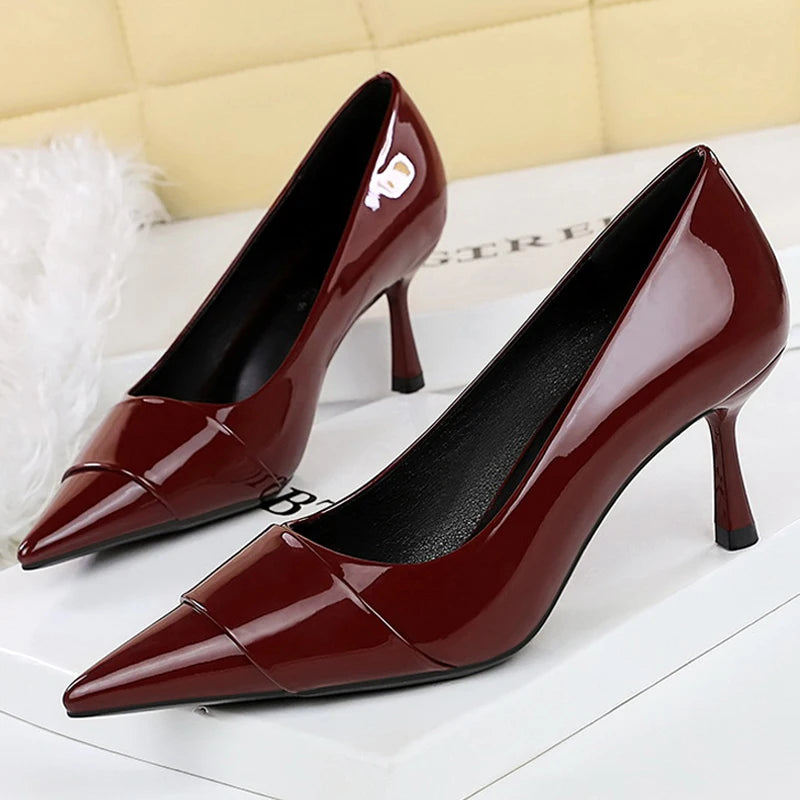 BIGTREE Shoes Patent Leather Women Pumps Fashion High Heels Women Shoes Pointed Tip Ladies Kitten Heels 6.5 Cm Sexy Party Shoes