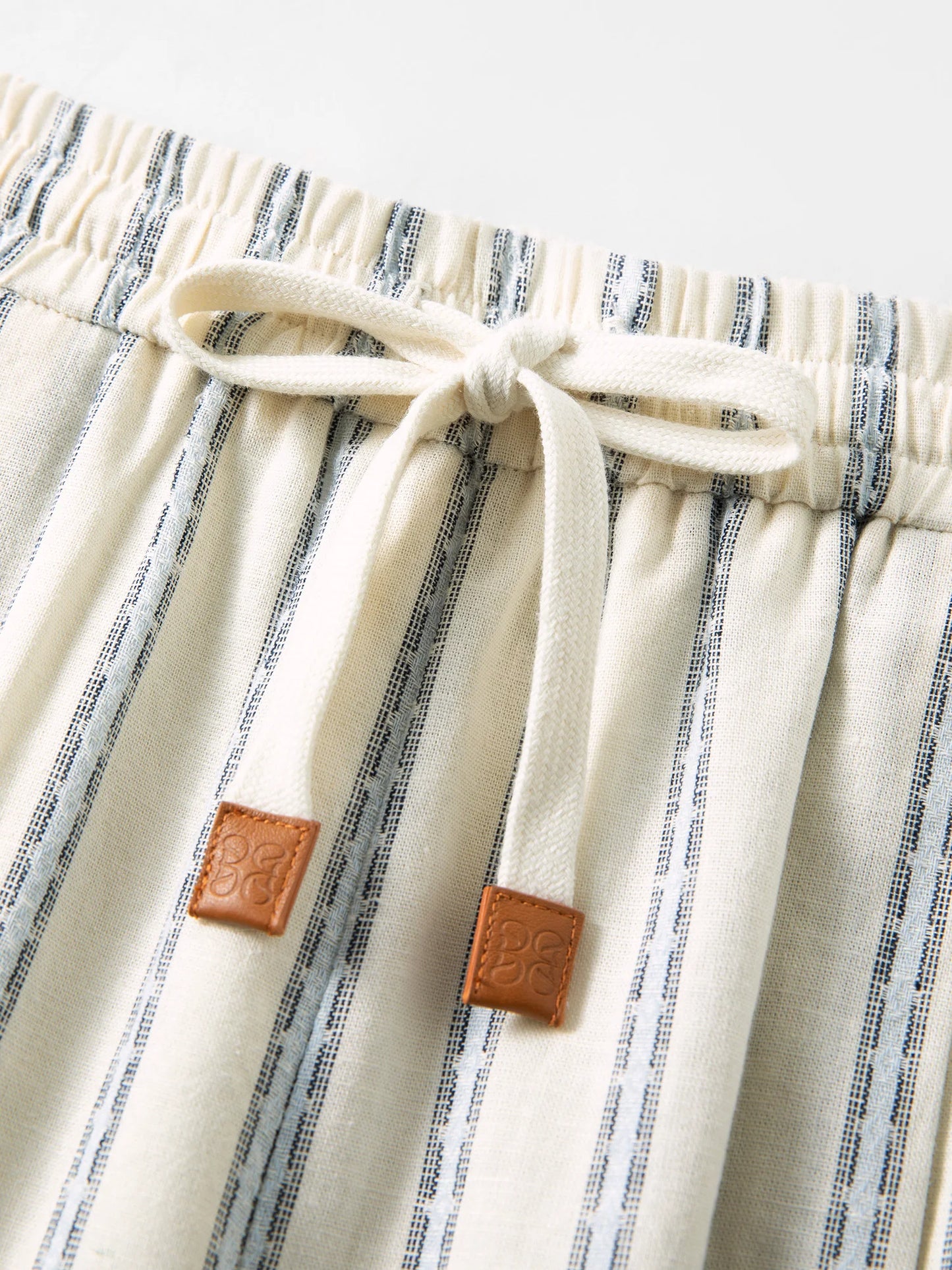 DUSHU 2026 Summer Women Striped Linen Cotton Straight Leg Elastic High Waist Breathable Casual Trousers Boho Beach Coastal Style