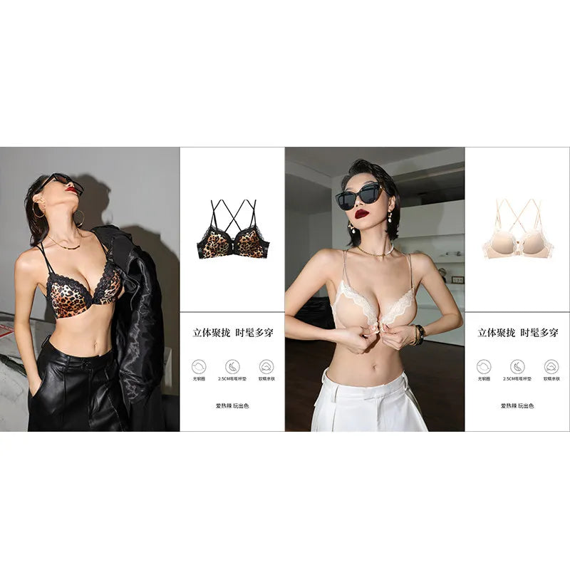 Victoria Style MOYISU Pink Leopard Wireless Bra Set, Front Hook Design, Push Up Bralette, Sexy Back Lingerie To Boost Small Bust