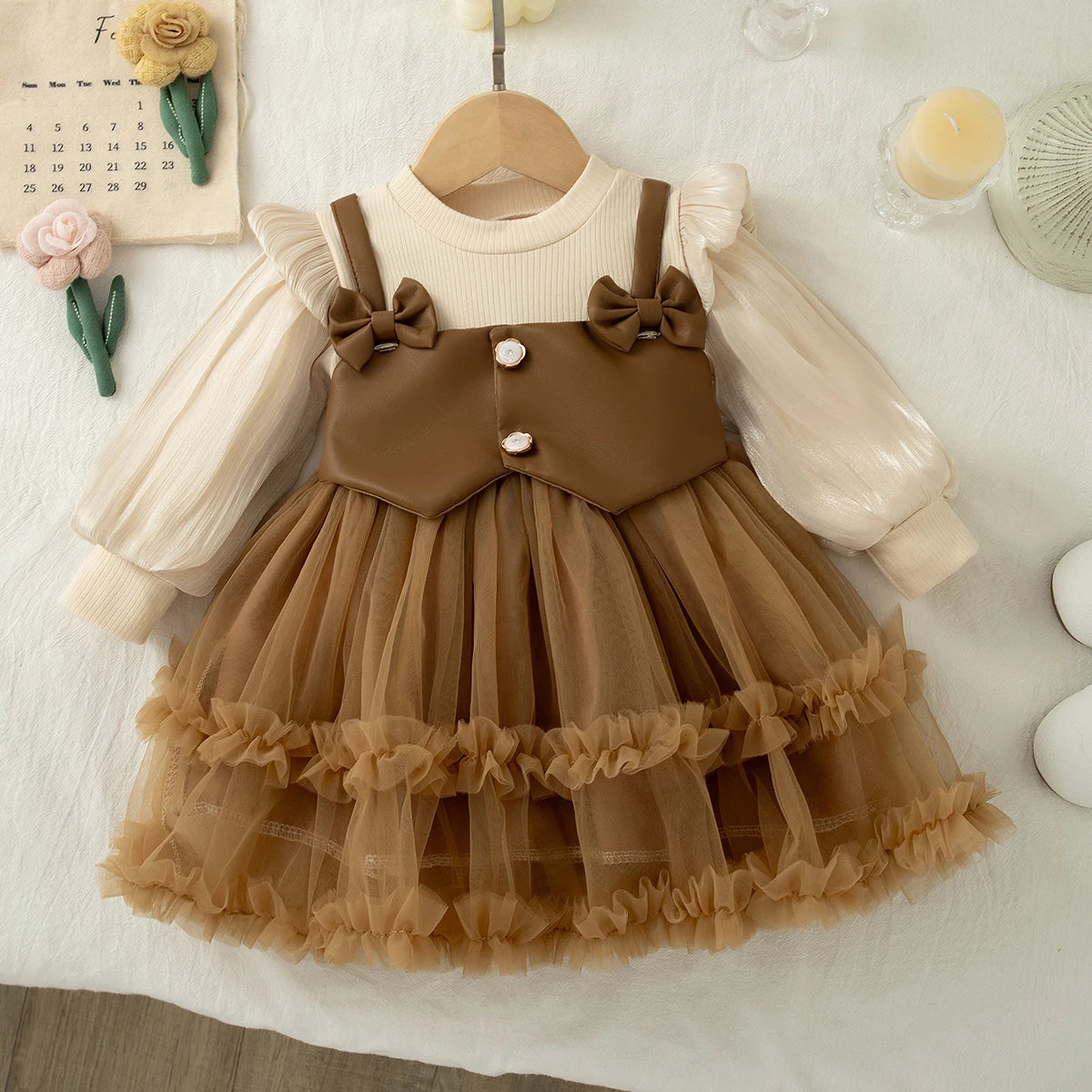 Autumn New Solid Color Chiffon Baby Girl Princess Dress, Sweet Bow Children'S Clothing For Birthdays (6 Months -3 Years)