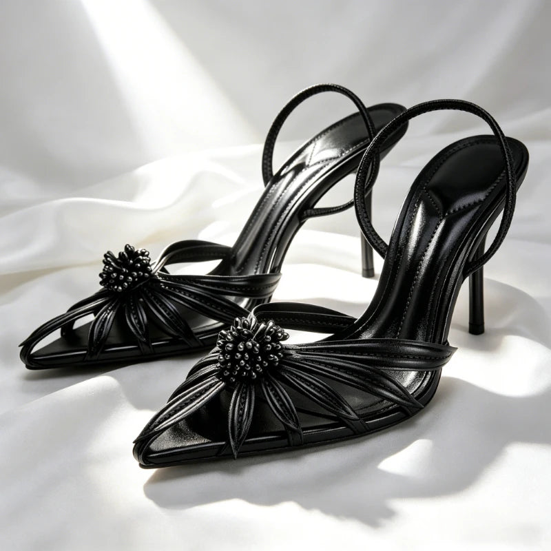 Gold Flower Detail High Stiletto Heels Women Sexy Pointed-Toe Openwork Slingback Heeled Sandals for Ladies Elegant Women Shoes
