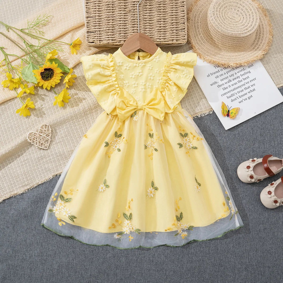 Bellbell Summer Infant Baby Girls Dress Floral Printed Toddler Girls Princess Dresses Fly Sleeve 2-6Yrs Little Girl Mesh Dresses