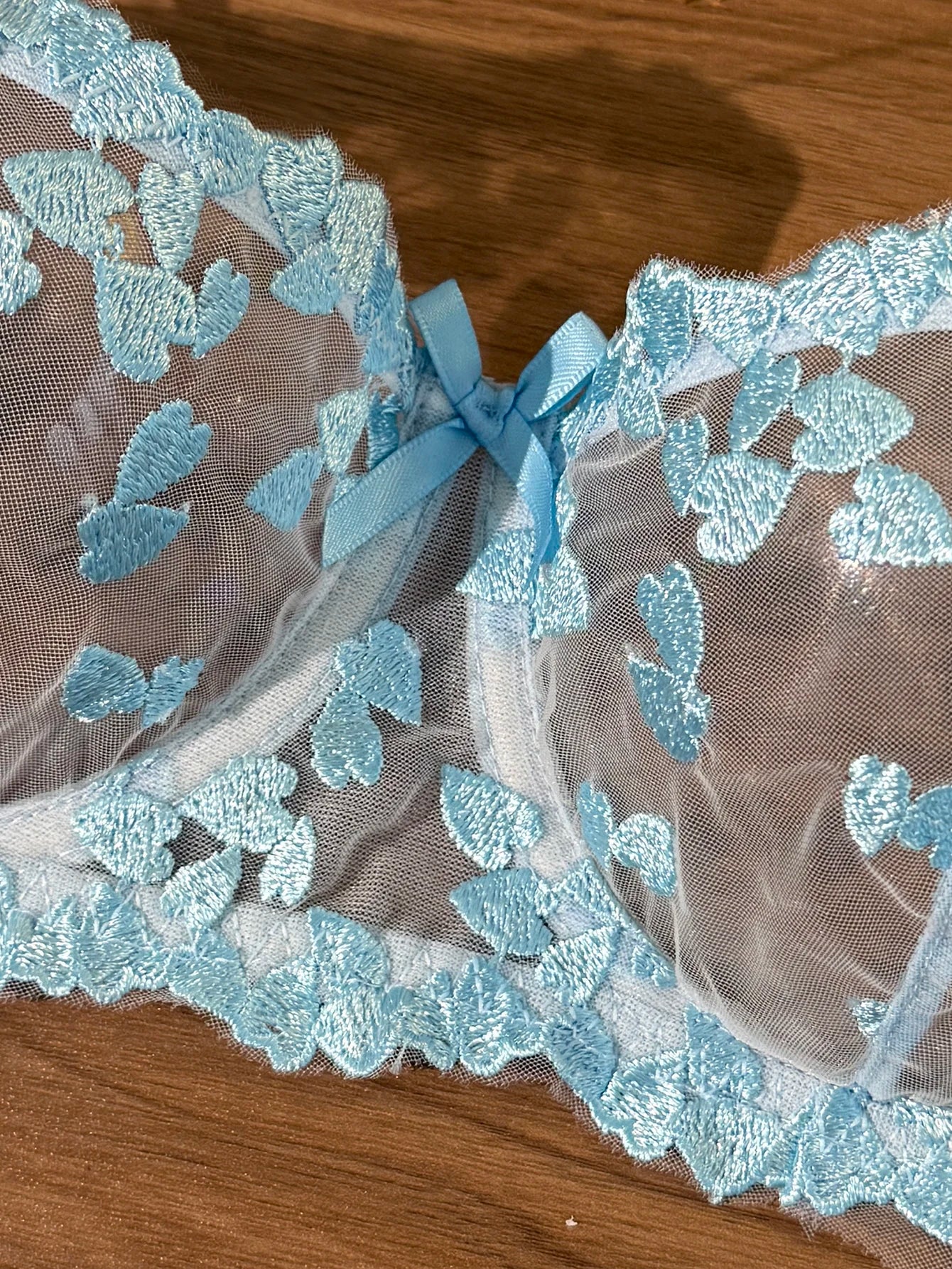 French Romantic Dreamy Light Blue Heart Embroidery Lace Underwear Set with Transparent Mesh Butterfly Knot Shoulder Strap Design