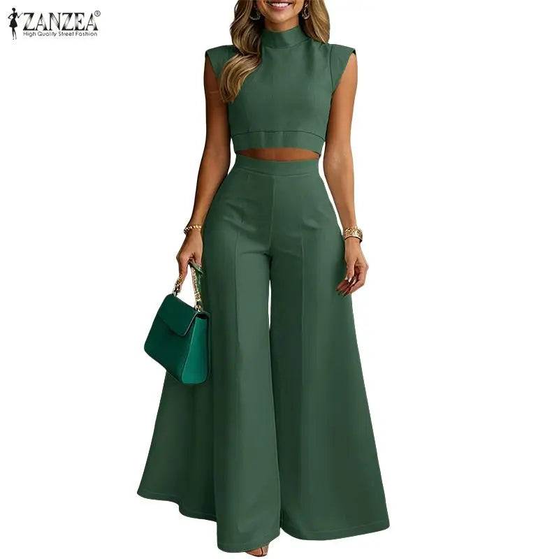 ZANZEA Women's Elegant Pant Suits Wide Leg Pant & Stand Collar Crop Top 2 Pieces Sets Minimalist Fashion Outfits Streetwear