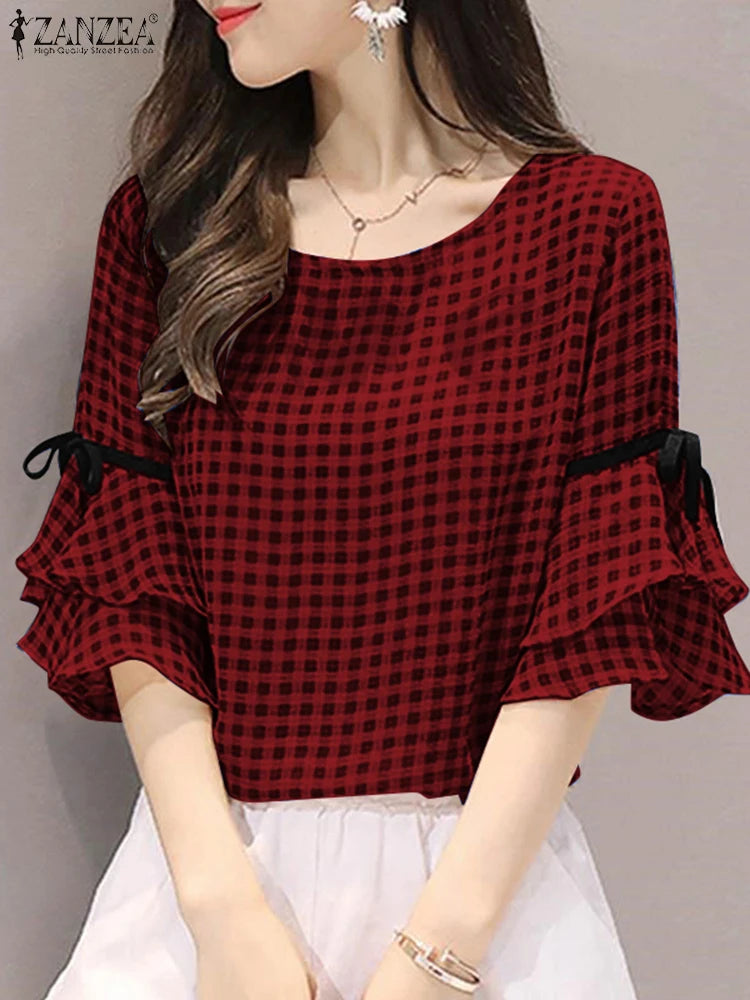 ZANZEA Womens Vintage Gingham Blouses Elegant O-Neck Lace-Up 3/4 Ruffles Sleeve Blusas Mujer Summer 2025 Day Wear Tunic Tops