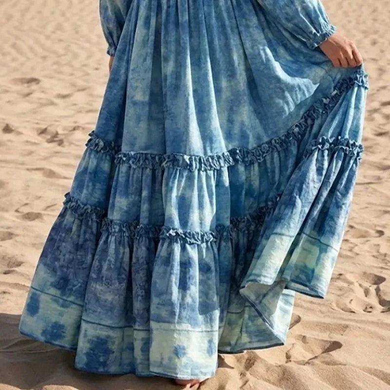 Women Tie Dye Maxi Dress Deep V Neck Ruffle Trim Lantern Long Sleeve Tiered Ruffle Swing Flowy Boho Beach Holiday A-Line Dresses