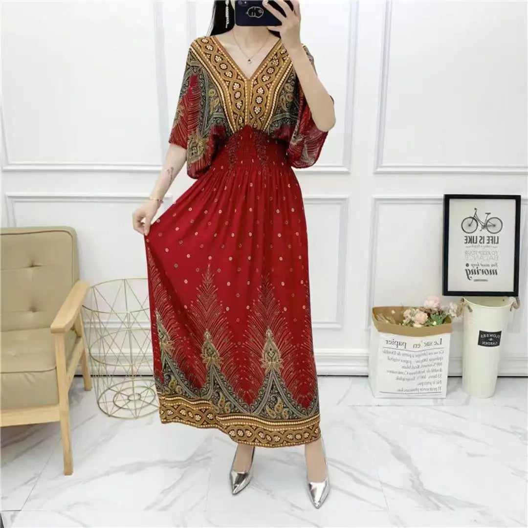 Women Bohemian Ethnic Printed Holiday Dress V-Neck Elastic Waist Casual Batswing Sleeve Mid Dress Elegant Vintage Retro Dress