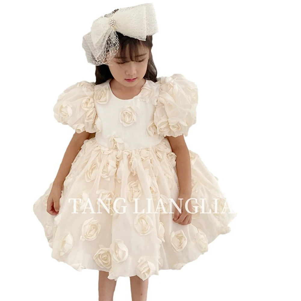 HETISO Flower Girl Dress Appliques Vintage Princess Kids Wedding First Birthday Pageant Party Ball Gown Children Wear 1-12 Years