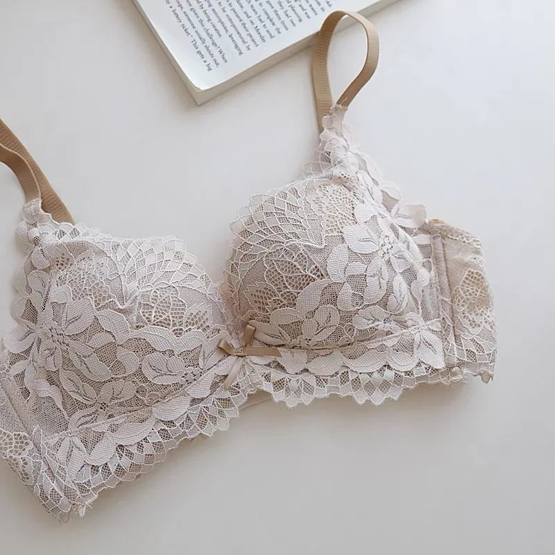 Japanese Style Lace Bra Set Women Small Bust Push Up Lift Adjustable Anti Sagging Side Support No Gap Wirefree Luxury Comfort AB