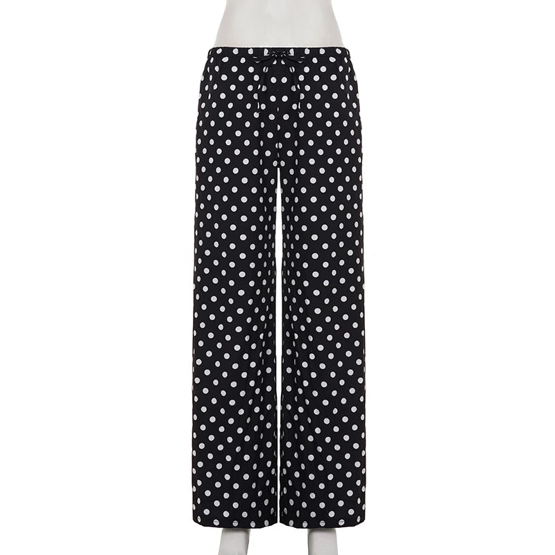 Casual Polka Dot Print Elastic Waist Pants Women's Straight Leg Full Length Woven Trousers Vacation Style Beach Bottoms Fashion