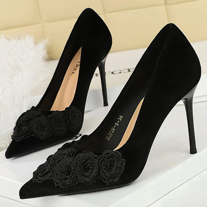 BIGTREE Shoes Flower Design Women Pumps Retro High Heels Suede Women Shoes Stiletto Heels 9 cm Chinese Style Pumps Ladies Shoes