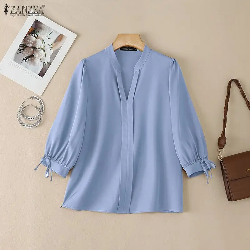 ZANZEA Summer Women's Elegant Blouses V-Neck 3/4 Puff Sleeves Lace Up Solid Color Pullover Tops Casual Loose Blusas de Mujer