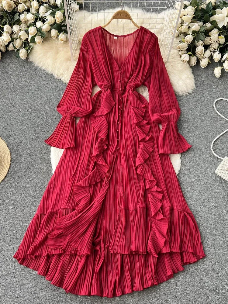 Beach Chiffon Dress Women Elegant Lotus Leaf Lace V-Neck Pleated Long Dresses Ladies Single Breasted A-line Vintage Long Robe