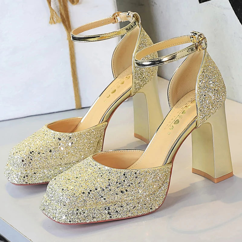 BIGTREE Shoes Chunky Block Heels Women's Sandals Sequined High Heels Fashion Wedding Shoes Platform Sandals Summer Women Shoes
