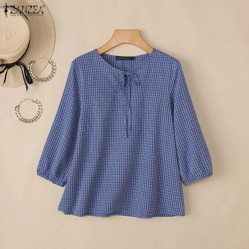 ZANZEA Woman Vintage Gingham Blouses Keyhole Tie-Neck 3/4 Lantern Sleeves Check Loose Tops Autumn Casual OL Work Blusas Mujer