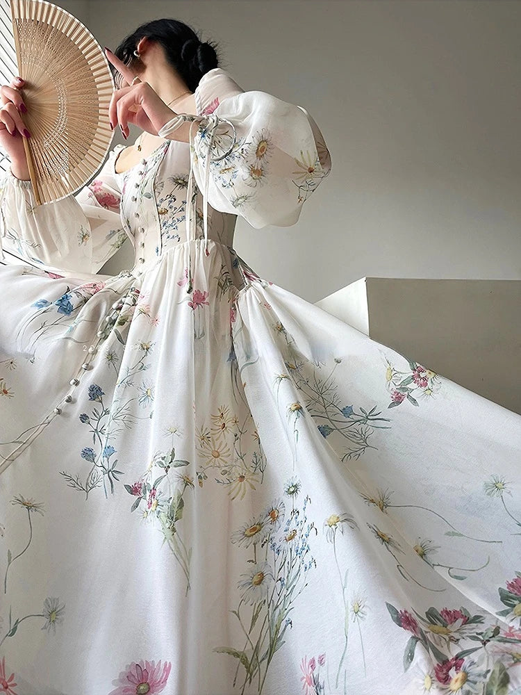 French Elegant Floral Midi Dress Chiffon Long Sleeve Evening Party Dress Woman Beach Fairy One Piece Dress Korean 2026 Summer