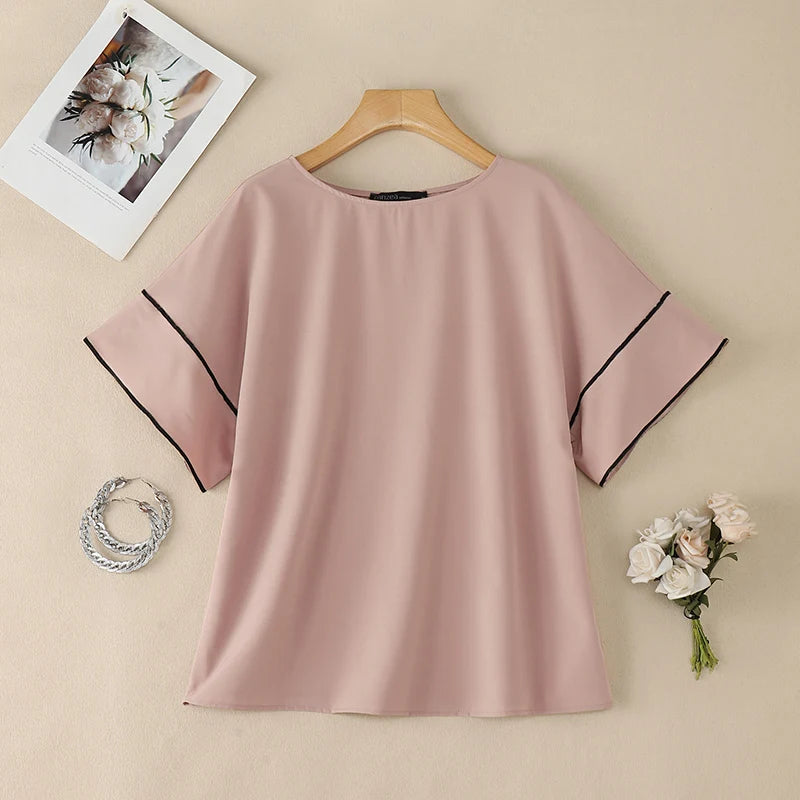 ZANZEA Women's Casual Loose Boatneck Blouses Short Sleeve Contrast-Trim Solid Color Tops Minimalist Fashion Blusas de Mujer