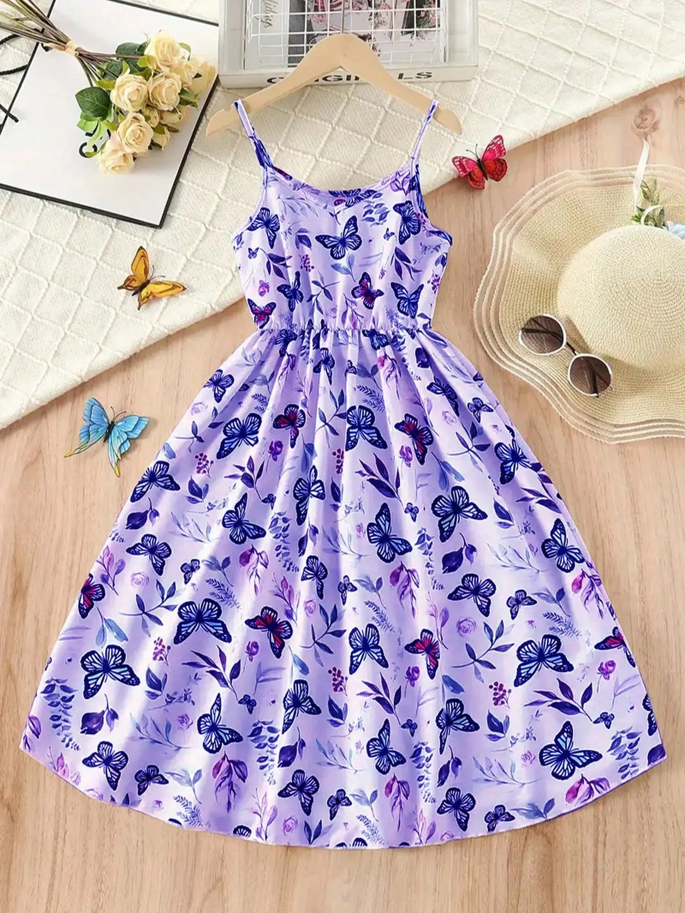 2026 casual and elegant girls' elegant butterfly print sleeveless dress - V-neck, long, perfect choice for summer