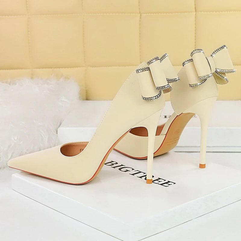 BIGTREE Shoes Rhinestone Back Bowknot Women Pumps Silks Satins High Heels Women Shoes Stilettos Sexy Party Shoes Wedding Shoes