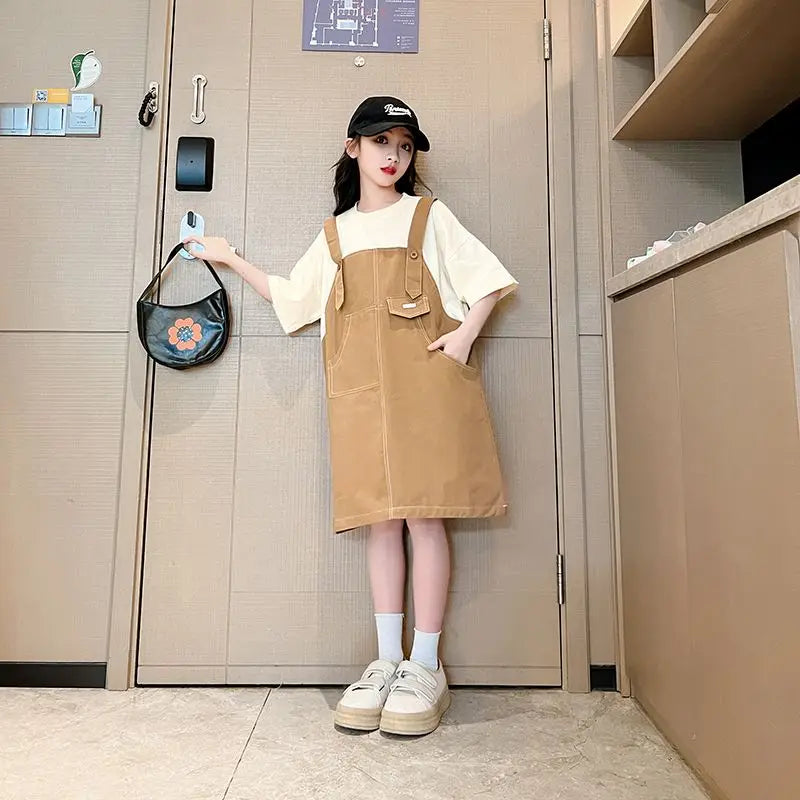Simple and Minimalist Korean-style Casual Loose Dress for Students Suit Girls White Girl Children Clothes Girls' Princess Farm