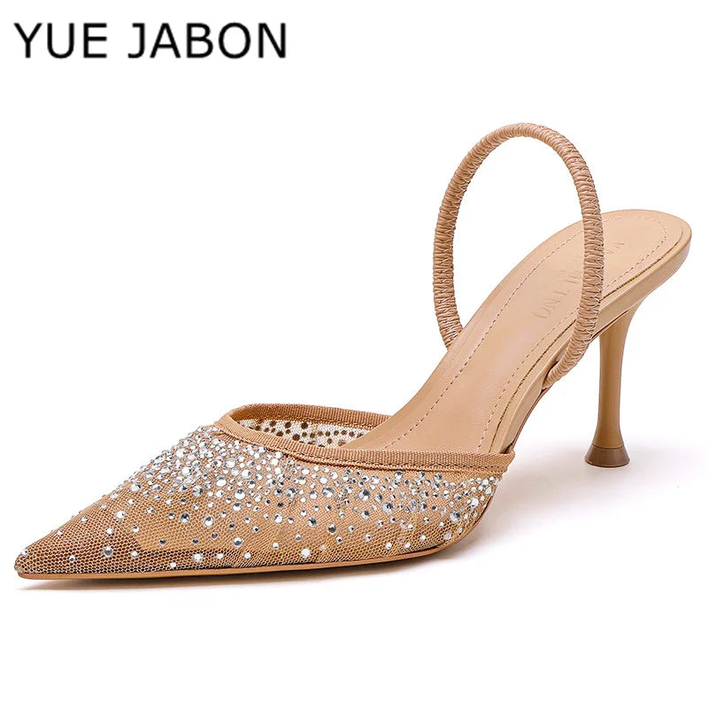 Nude Summer Women's Sandals Rhinestone Bright Mesh High Heels Footwear Elegant Slingback Pointed Slip on Party Lady Pumps Shoes