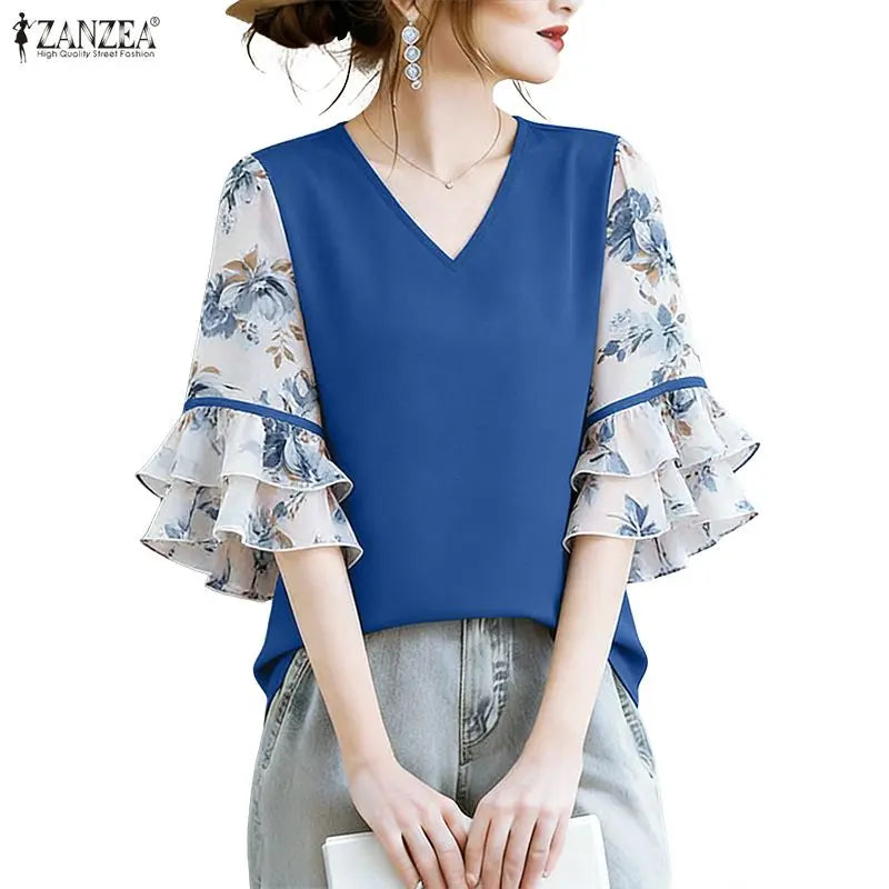 ZANZEA Women's Elegant Blouses Floral Printed Patchwork 3/4 Flared Sleeves V-Neck Loose Tops Summer Casual Blusas de Mujer