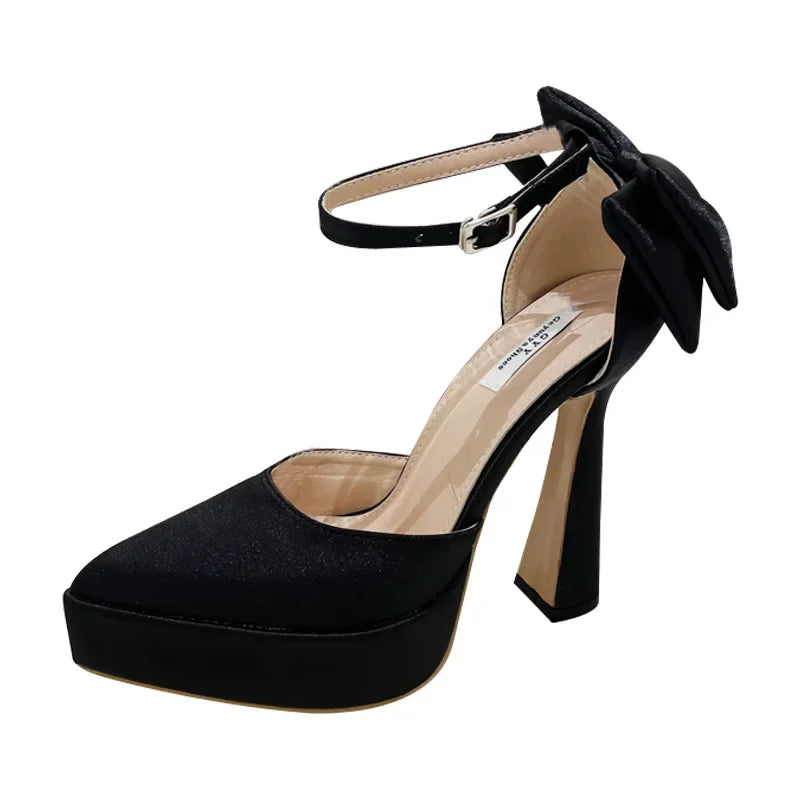 High Heels Women 2023 Summer New Fashion Satin Face High Heel Sandals Bow One Word Buckle Pointed Toe Thick Heel Women's Shoes